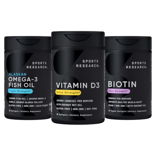 体育研究 三重强力 Omega 3 Burpless Fish Oil 1250mg from Wild Allaska Pollock,维生素D35,000 IU 配椰子MCT Oil(125mcg)和Vegan Biotin 5000mcg 维生素B7-30 软胶