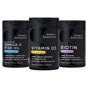 体育研究 三重强力 Omega 3 Burpless Fish Oil 1250mg from Wild Allaska Pollock,维生素D35,000 IU 配椰子MCT Oil(125mcg)和Vegan Biotin 5000mcg 维生素B7-30 软胶