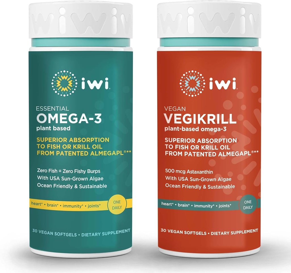 Iwi Omega-3 基本和Vegikrill Omega-3 Bundle, 30名服务员, Vegan 植物型藻类 Omega 3, Krill 和鱼油替代品, 无鱼味余料