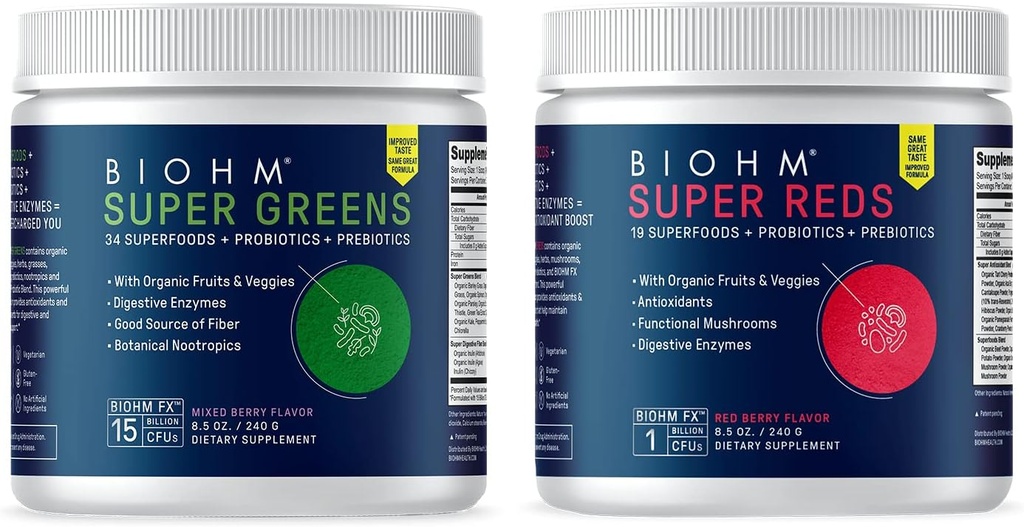 BIOHM 超级红绿药盒,配有抗生素和消化酶的超级食品粉,装有抗氧化剂和多酚,Allergen Free, Non-GMO, Vegan - 每服30次