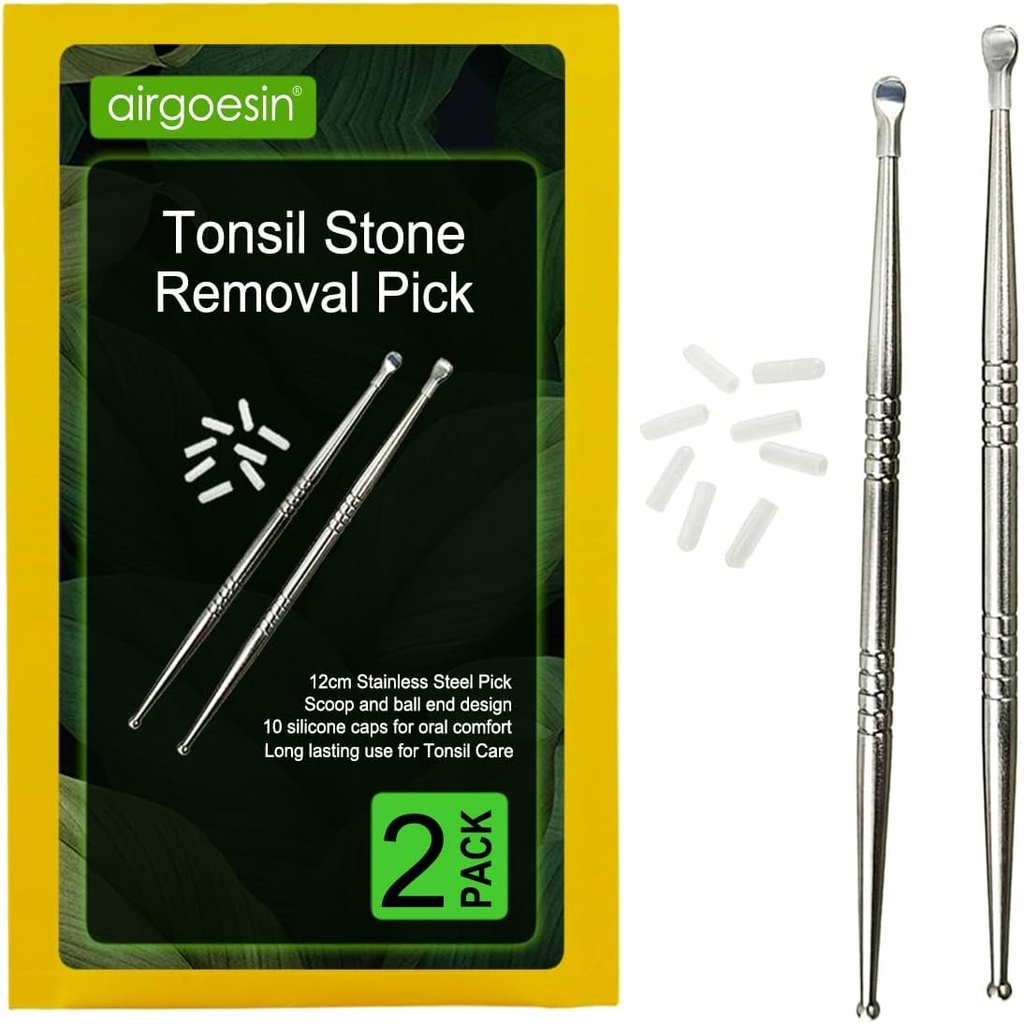 2pcs Tonsil Stone 清除 Tonsillith Premium 工具 无污钢口服清洁器,装有10个软硅酮盖