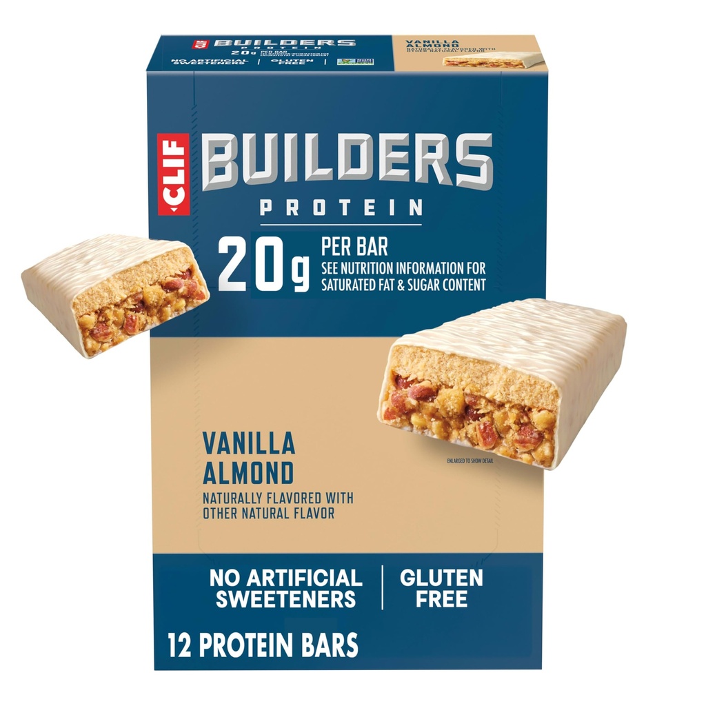 CLIF BUILDERS 蛋白棒 - 香草杏仁-20g 植物基蛋白质 - Gluten Free - 非GMO - 低甘油 - 无人工甜甜剂 - 2.4 oz. (12 Pack)