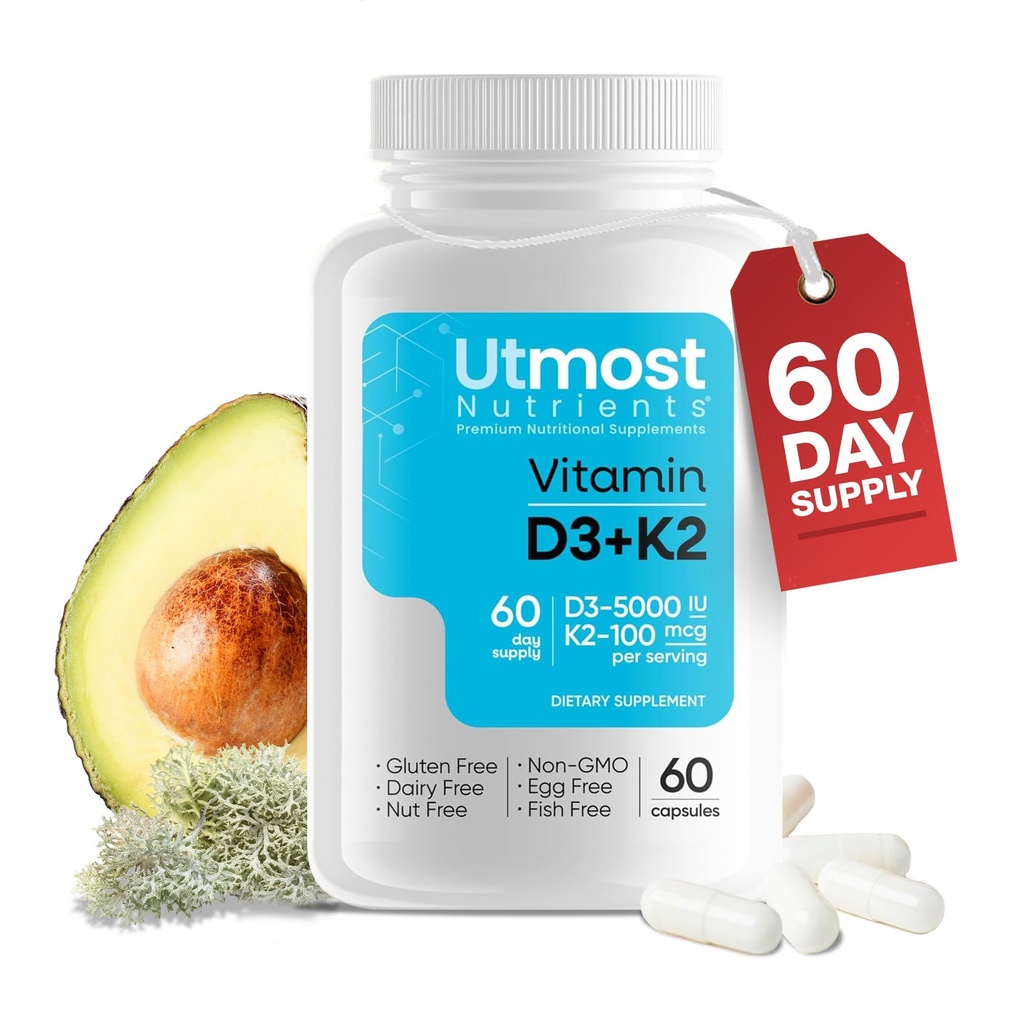 维生素D3配有K2-5000iu维生素D和100 mcg维生素K补充剂,用于最大生物利用率-增强心血管、免疫和骨质健康的钙吸收(60 Capsules)