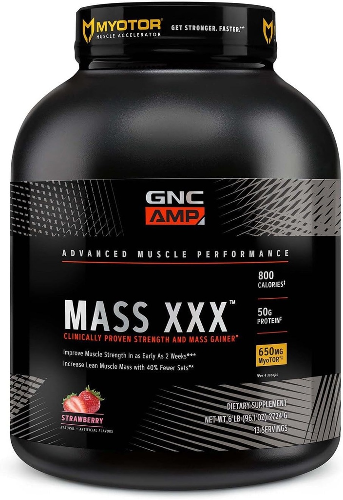 GNC AMP Mass XXX,临床证明重量增益蛋白粉,提高强度和体积,780卡罗里,50克蛋白,微量化氨基酸,克里丁,贝丁,草莓,13种服务,6英镑