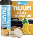 Nun Energy Electrolyte Tables with Ginseng, Cafeine from Green Tea Extra, Vitamin B12, B6, B5, 镁和4 Other Electrolytes, Gluten Free & Vegan, Tropical Punch, 8 Pack(共服务80人)