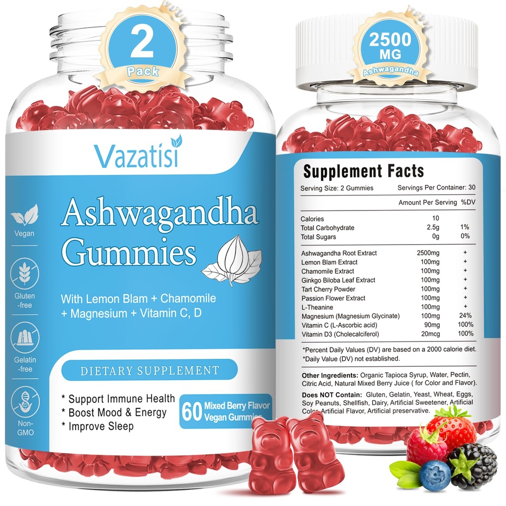 2 Pack Ashwagandha Gummys for Women Men, Sugar Free Organical Ashwagandha Gummys 放松恢复平衡补充,维根·格卢滕自由,120 Counter