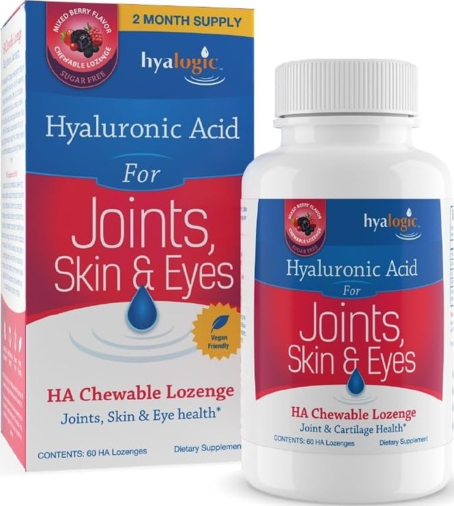 Hyalogic Hyaluronic酸 Chewable Lozenge - 皮肤护理和眼睛的Chewwits for Skin Care & Eyes - Vegan,无糖和莓味Hyaluronic酸补充剂(60个计数)