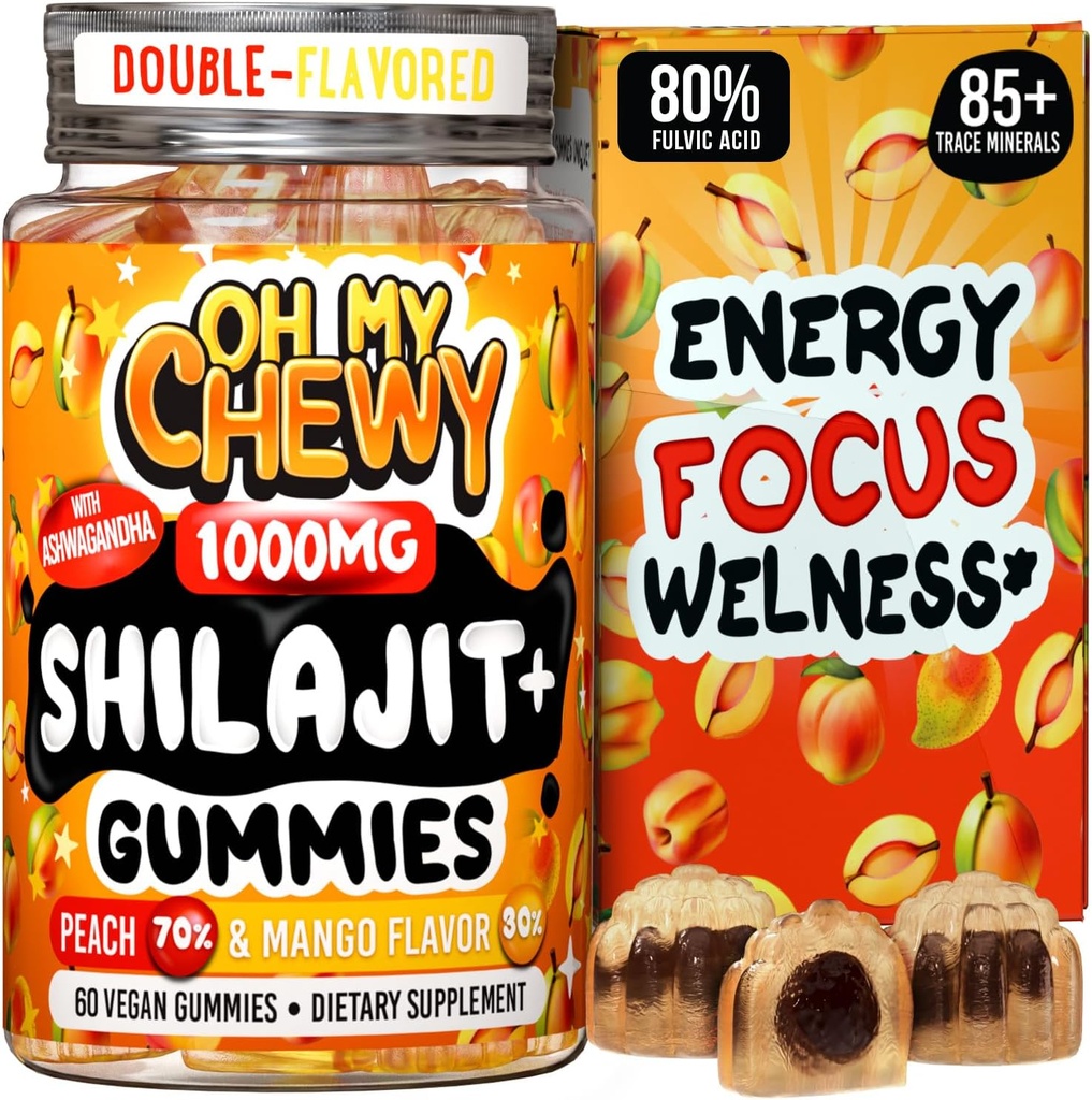 纯喜马拉雅省Shilajit Gummys - 高潜力金品级Resin - Ashwagandha和Shatavari对男女的能源促进和免疫支持 - 60 Gummy - 桃和芒果
