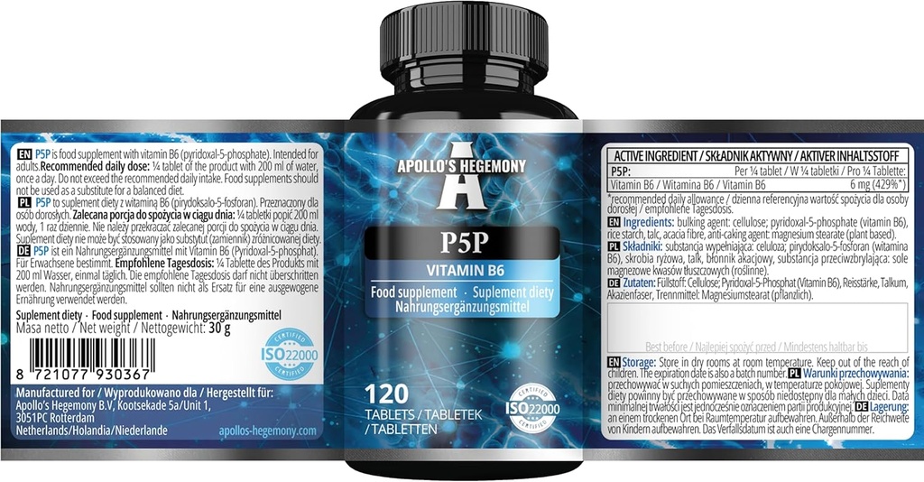 Pyridoxal-5-Phosphate(P-5-P) 每片50毫克 - 120 Vegan 片 - 供应 480 服务 - 支持神经和心理功能 - 维生素B6 饮食补充 - 阿波罗的Hegemony