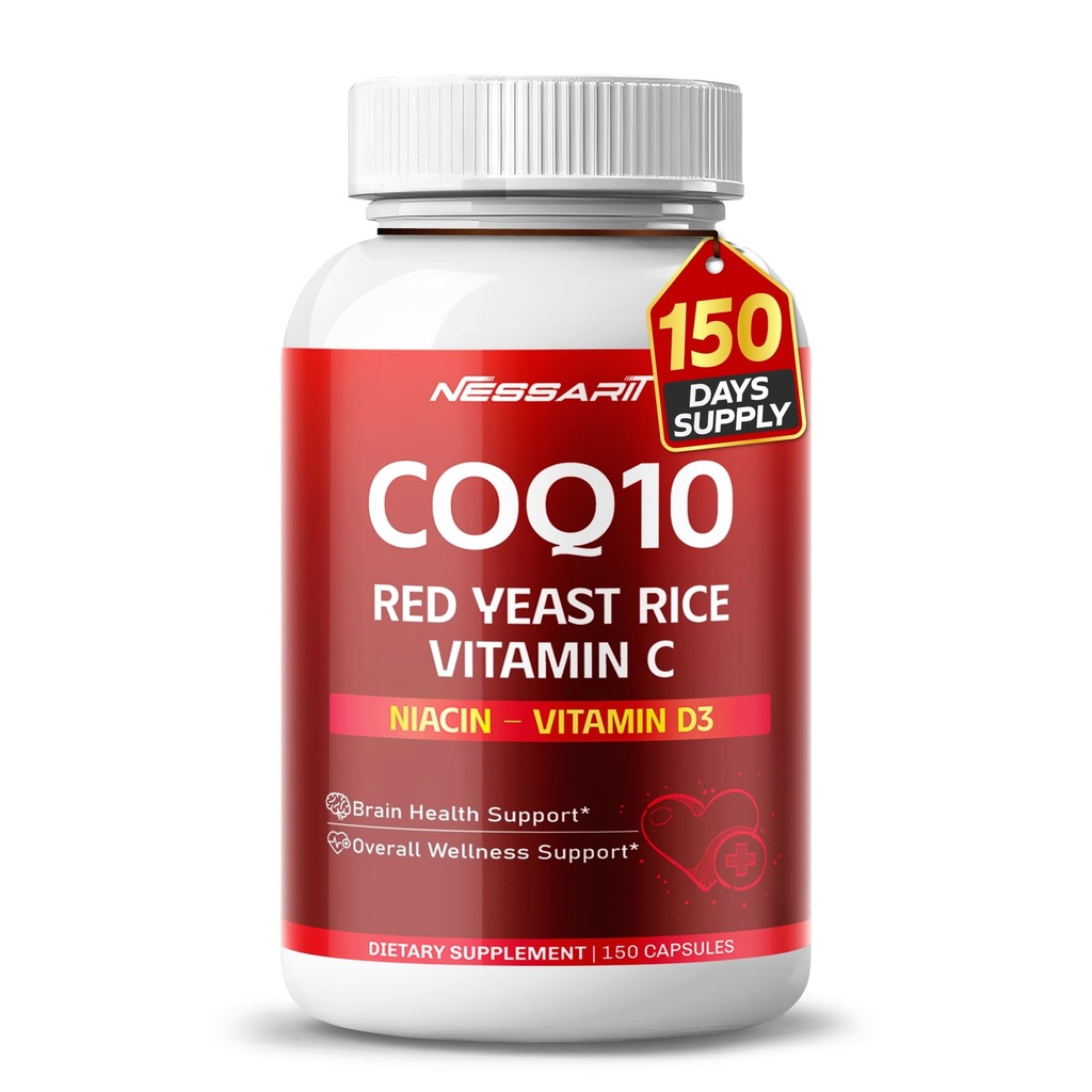 COQ10 + 红酵母大米补充剂 - 10in-1 天然混合剂与Omega 3 维生素 B3, K2, D3, 锌奶 硝酸盐 黑辣椒 - 150 计数 - 在美国制造和试验