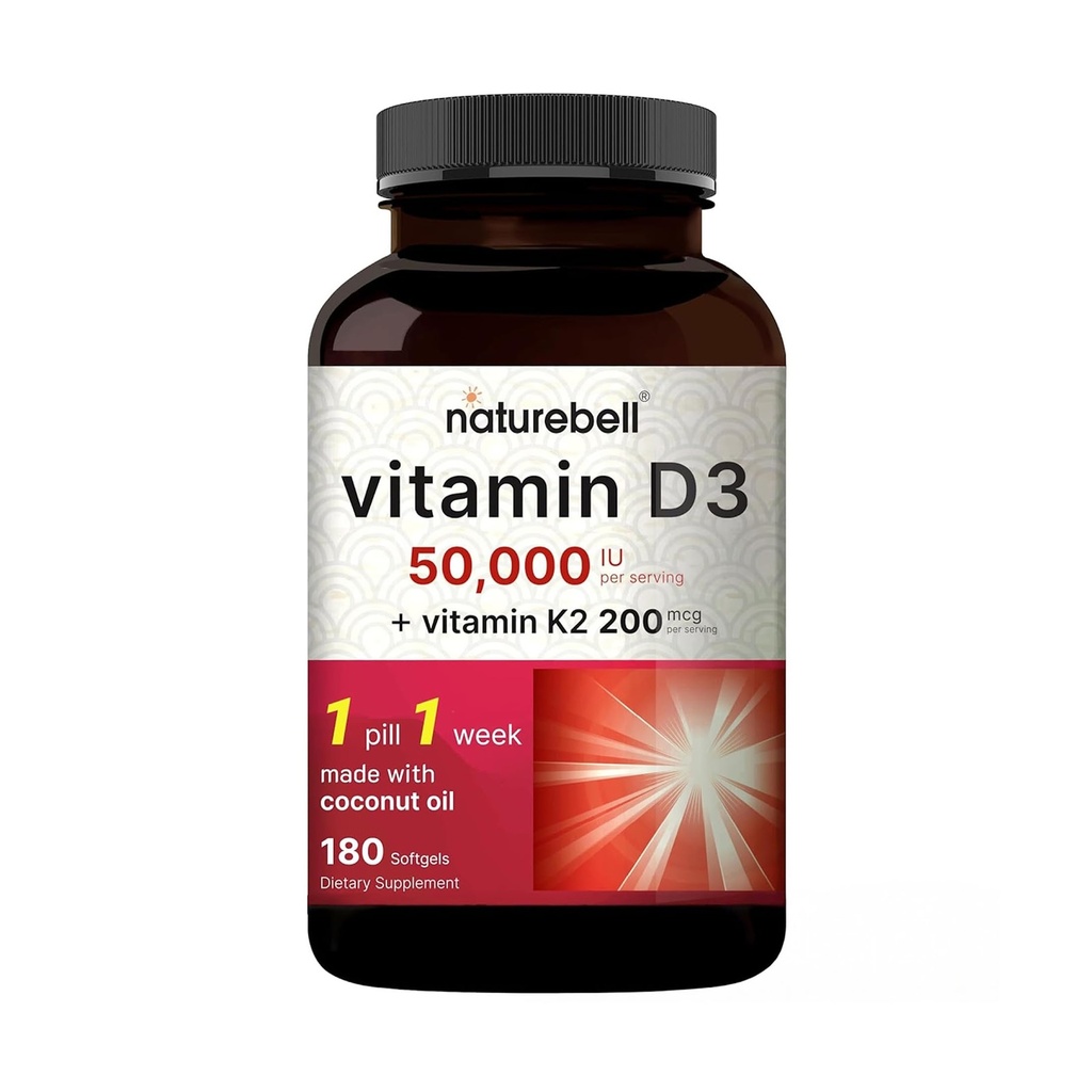 NatureBell Vitamin D3 50 000 IU + K2 200 mcg, 180 Softgels → 与椰油的一次- Weekly公式 → Max 力量骨,心脏和免疫支持 → MK-7 形式 → 非GMO