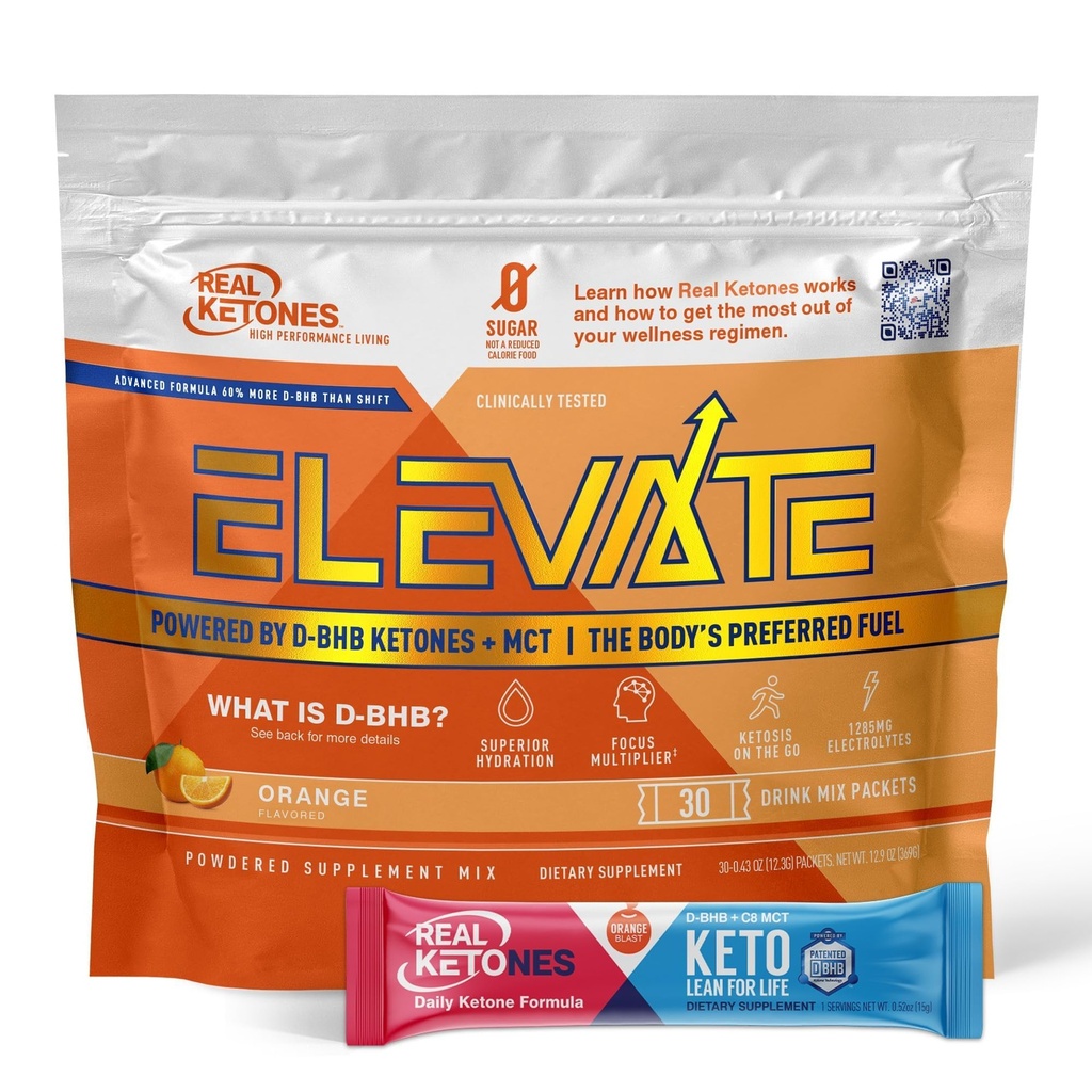 真正的 Ketones MCT & BHB 外源 Ketones 饮用 Mix Packets Elevate Keto 电解片 Powder Packets 无糖 配有 4 主电解片+ 液化 专有 Keto BHB - 30 包橙
