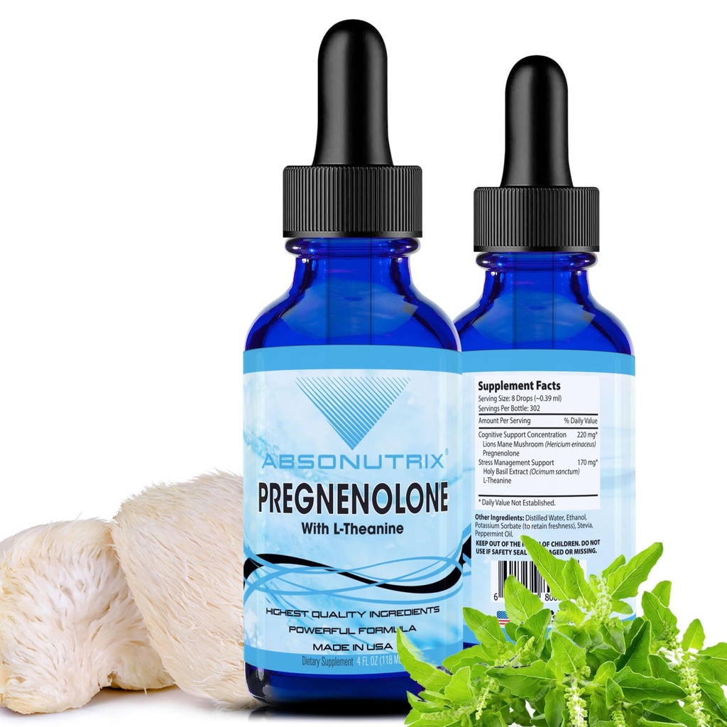 Absonutrix Pregnenolone 配有 L-thenine 高级公式 390 mg, 4 Oz Liquid, 302 services, 在美国制造, 快速吸附, 质能成份, 非 GMO, GMP 认证设施