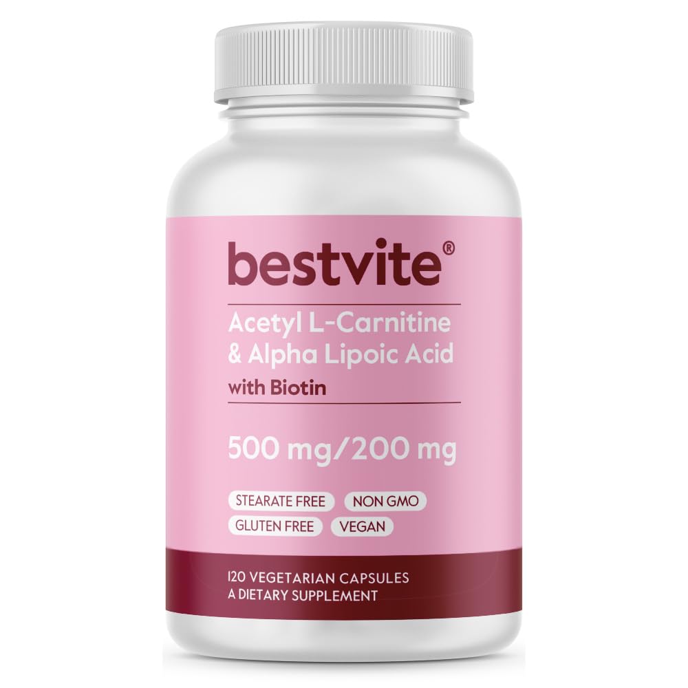 BESTVITE 乙酰L-Carnitine 500mg 和 Alpha Lipoic Acid 200mg / Capsule 与生物锡(120个植物素)-无 Stearates - Vegan - 非 GMO - Gluten Free