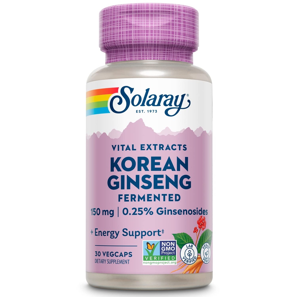 SOLARAY发酵韩国金森根提取器 健康压力,能量和体力耐力支持 QQ Vegan,Non-GMO QQ30 Veg Caps