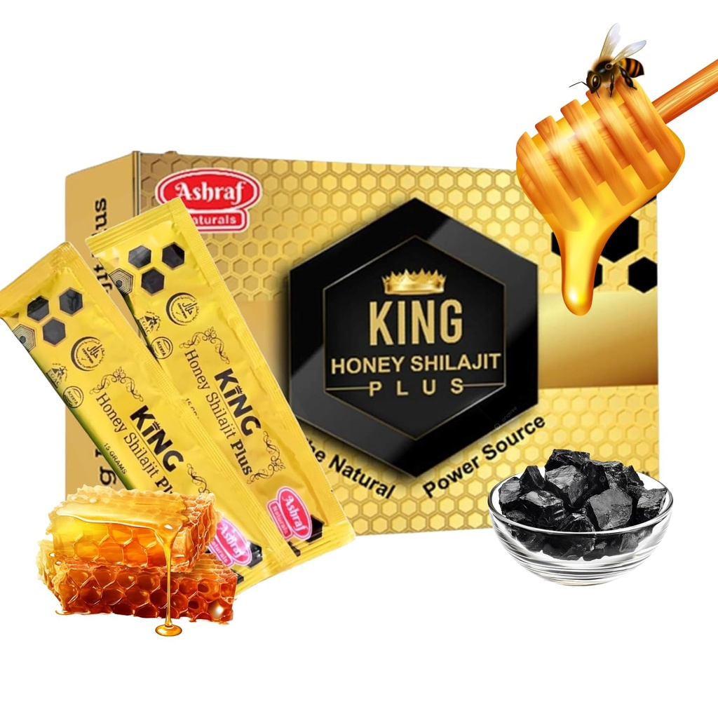 Ashraf Naturals King Honey Shilajit Plus - Premium Honey & Himalayan Shilajit 混合草药提取、自然能源和生命力支持,15 Sachets x 15g