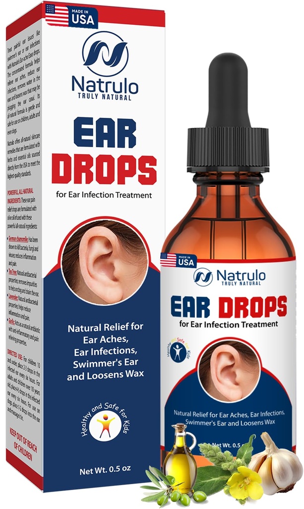 Natrulo Ear Drops for Ear Introduction – 成人、儿童、婴儿、狗和宠物的有机Ear Drops – 耳朵、耳痒、感染、游泳者耳朵、和Loosen Wax – 儿童安全,美国制造