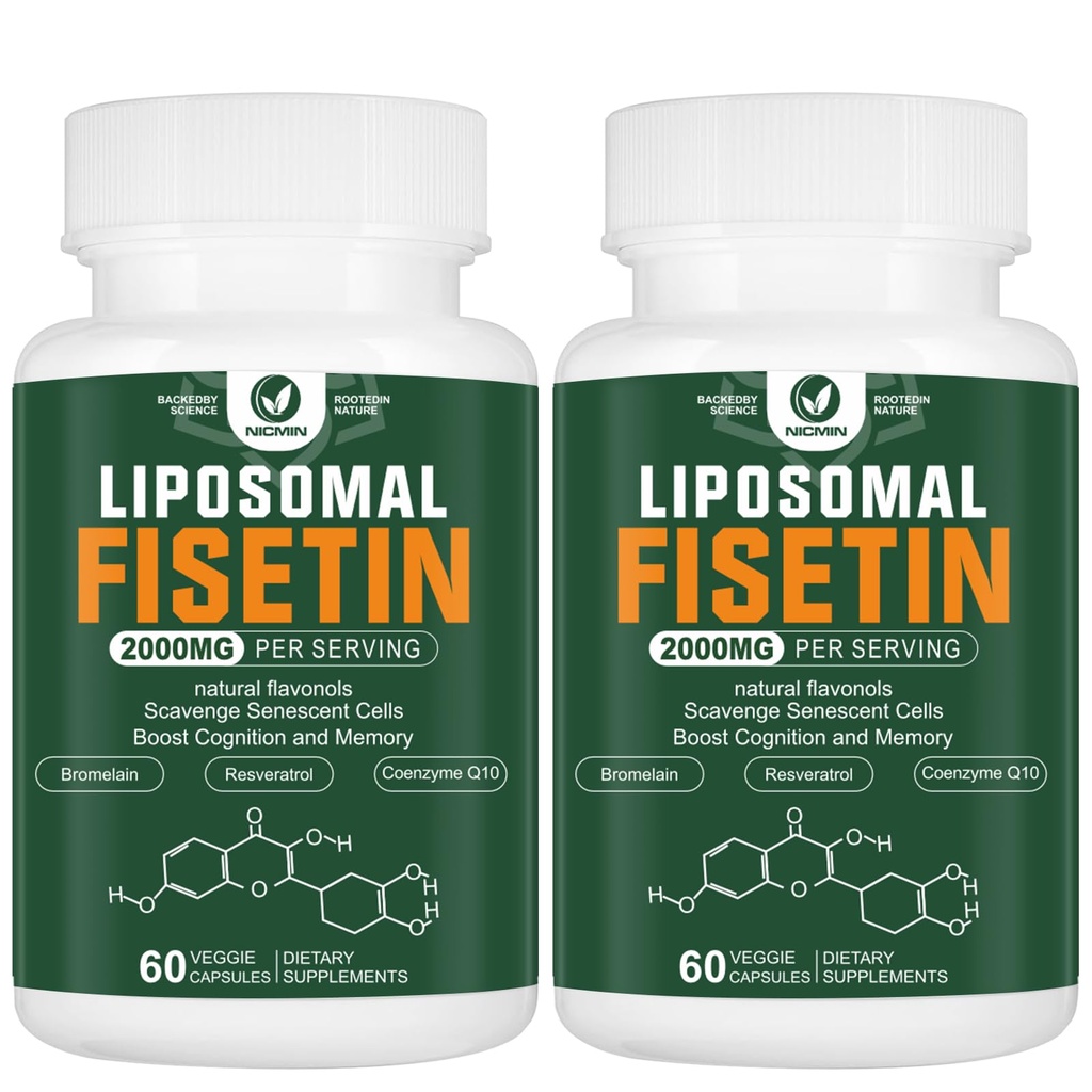 Liposomal Fisetin 补充剂,2000MG,98%纯菲塞丁多酚抗氧化剂,包括 Quercetin、TMG和Resveratrol,用于健康老龄化、认知支持,120 Capsules