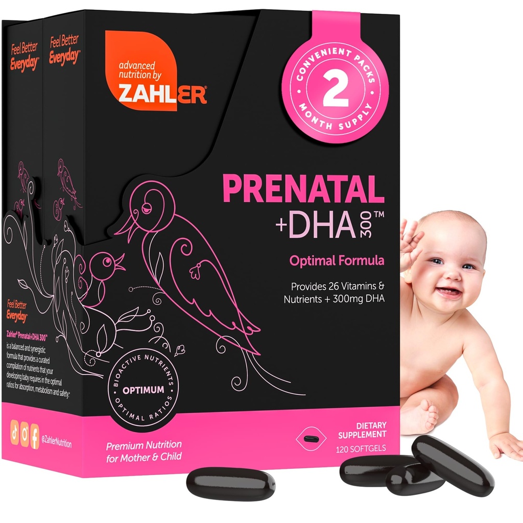 Zahler 产前维生素与DHA & Folate-DHA 补充和产前多维生素对母亲和孩子-Kosher 产前DHA 产前维生素与铁,Natal 软胶(120个数(一包))