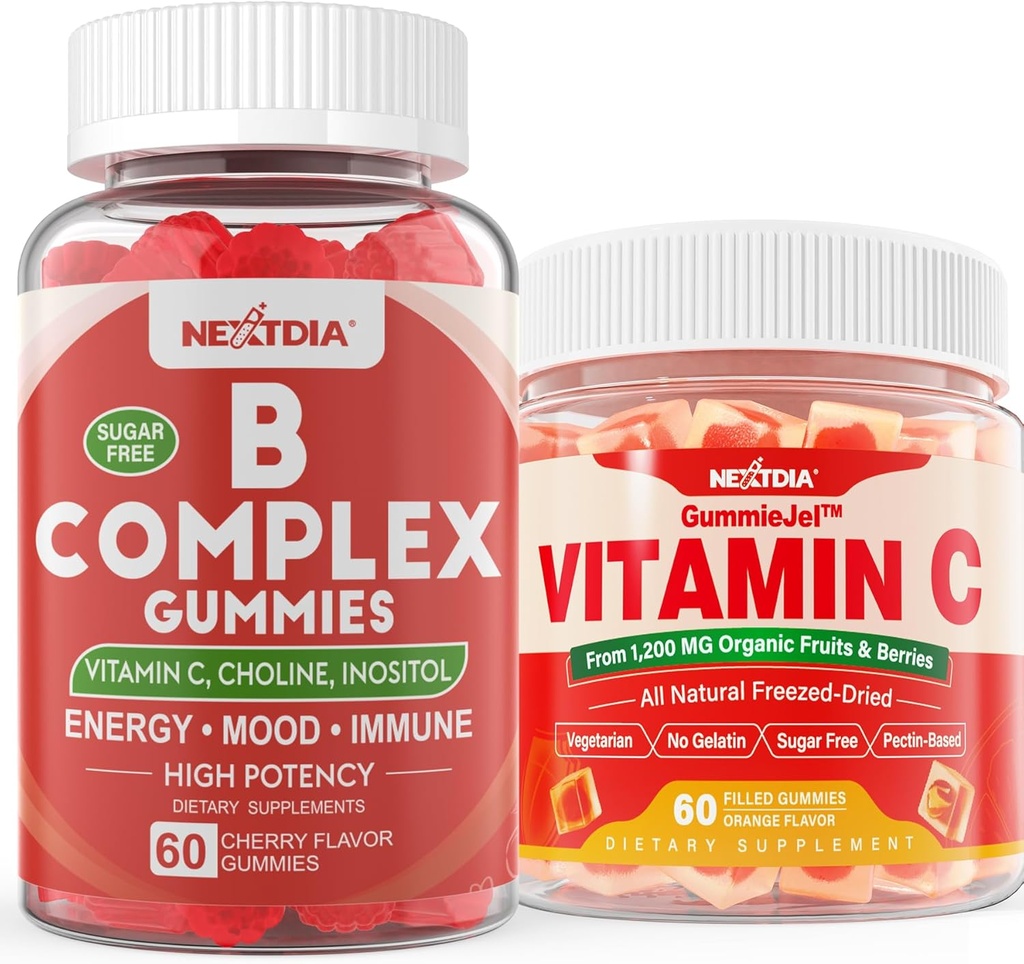 2 Pack 维生素B 复合体 含2000 mcg 甲基 B12, 甲基富拉特+ 1 Pack 全食维生素C Gummys