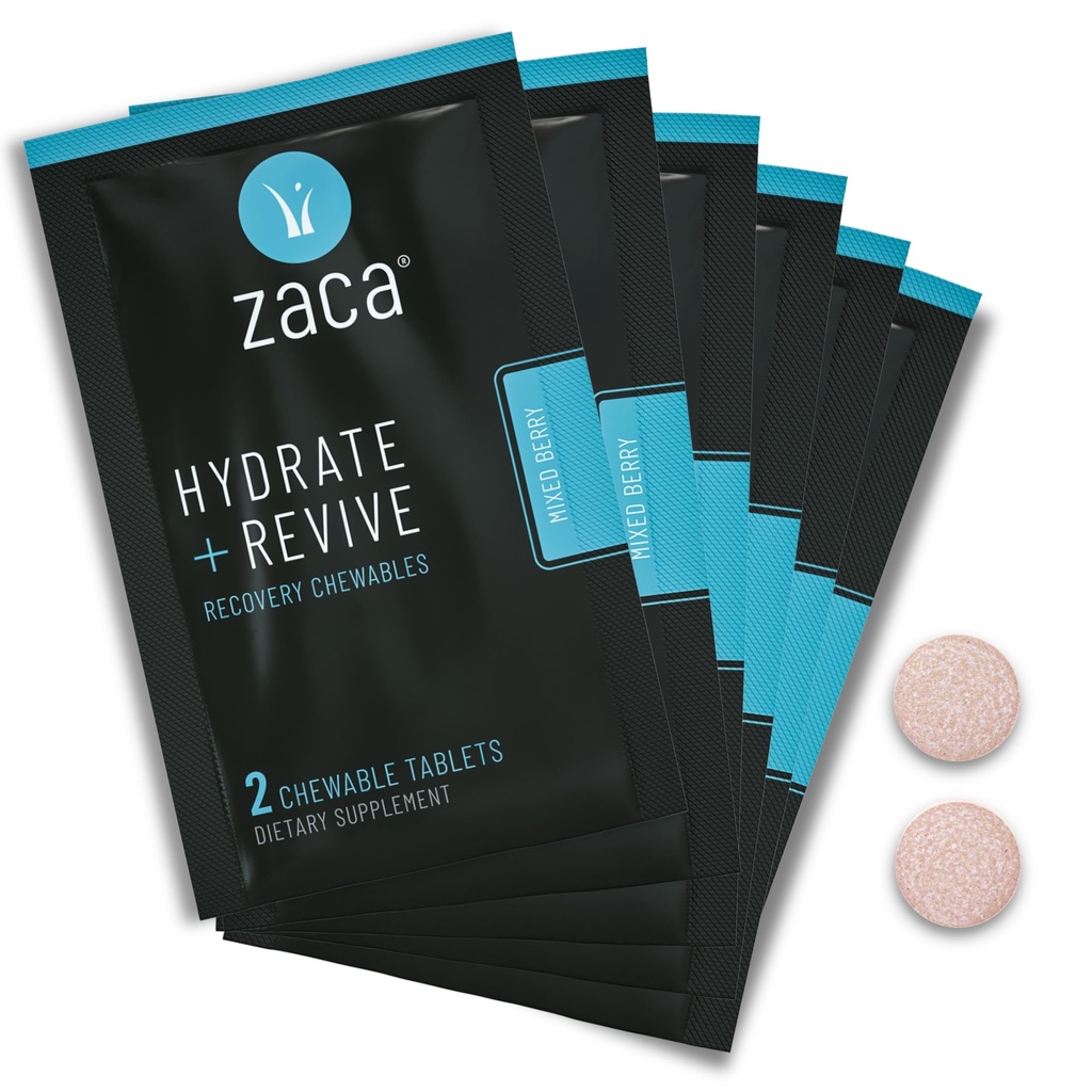 Zaca Recovery Chewable Supplement + Hydrate + Revive + party, Travel, 锻炼和高度 → 糖自由 & Gluten 自由 → 混合莓, 6 Packets = 12 片