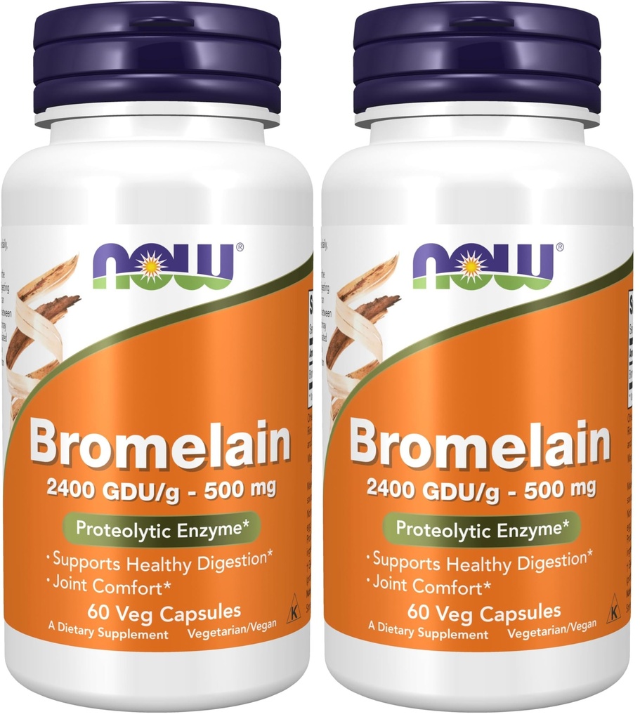NOW 补充剂,Bromelain(天然蛋白酶) 2,400 GDU/g-500 mg,天然蛋白酶*,60 Veg Capsules (Pack of 2)