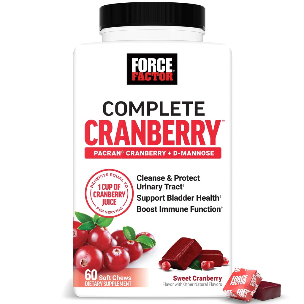 FORCE FACTOR Cranberry Soft Chews, Cranberry 配有 D Mannose 和 Cranberry 的 支持 Bladder 和 Urinary Tract 女性健康, Vegan, Sweet Cranberry Flavor, 60 柔性 Chews