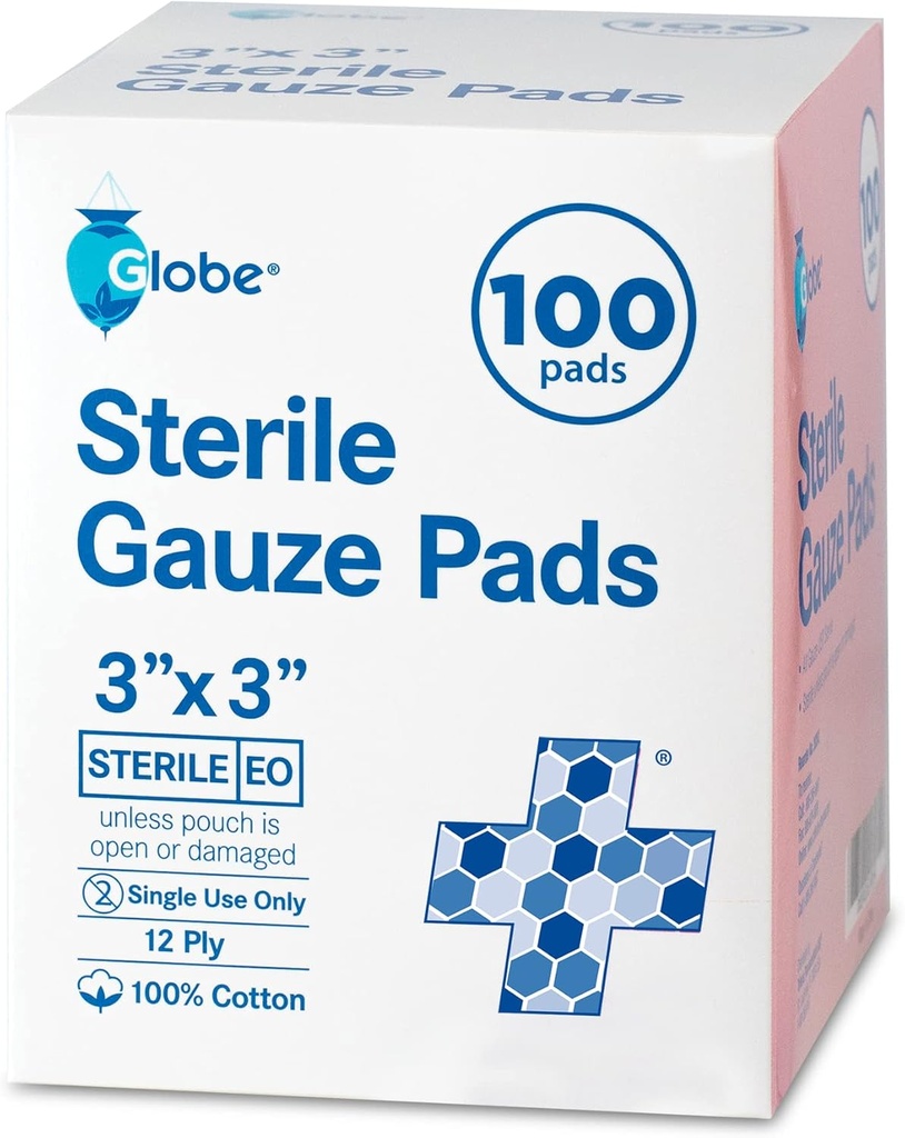 环球3'x 3'' 高级Sterile Gauze Pads, 100-Pack 个人包装 - 12 Ply Congond for hound Care Dreaming, 高度吸附剂的带子用于家用和紧急使用 - 旅行和急救箱