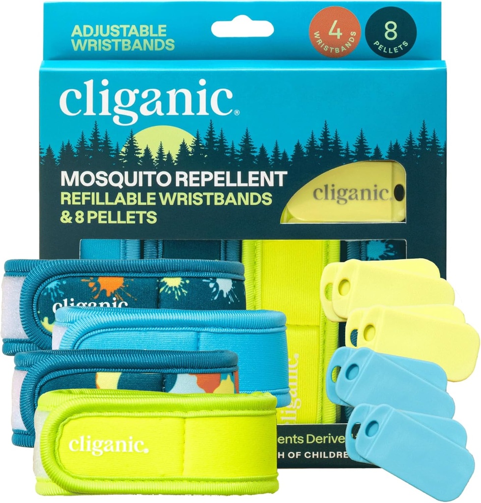 Cliganic Mosquito Repellent Pack(4个腕带+8个再填袋) - 可调整的,天然的DEET自由的,基本注入的石油