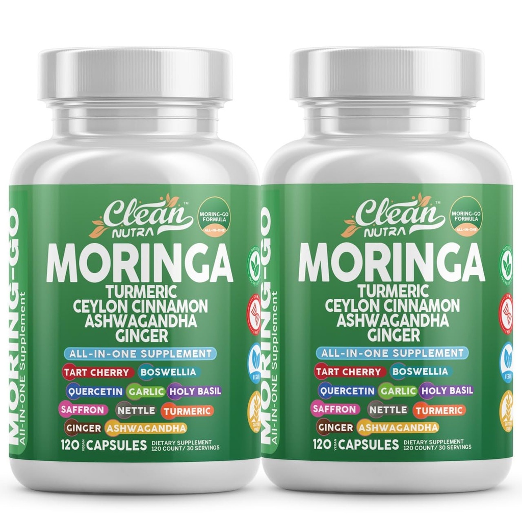 Moringa粉末卡普苏莱斯 + Turmeric Moringa Leaf Ceylon Cinnamon Ashwagandha Ginger Tart Cherry Boswellia Quercetin Garlic 圣巴斯尔沙夫朗 Nettle Black Pepper Moring-Go 补充 by clean Nutra (2)