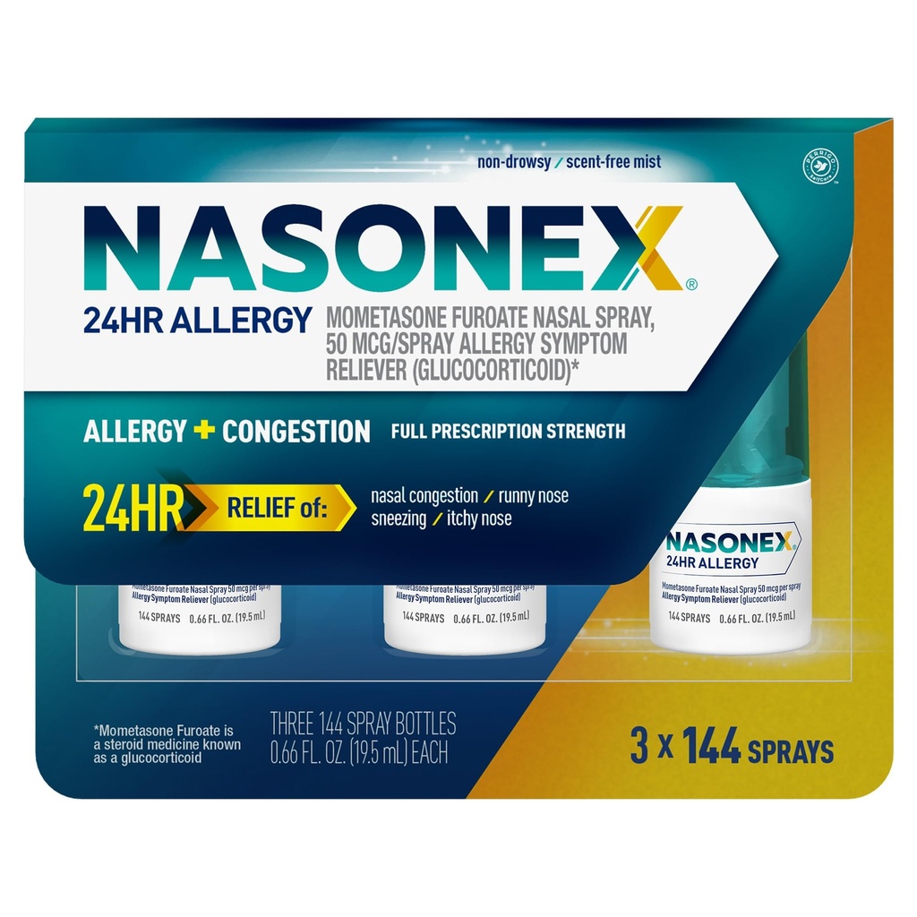 Nasonex 24HR过敏性鼻喷雾,非昏睡,无尖雾,过敏症状+鼻咽,全处方强度,120喷雾(3包)