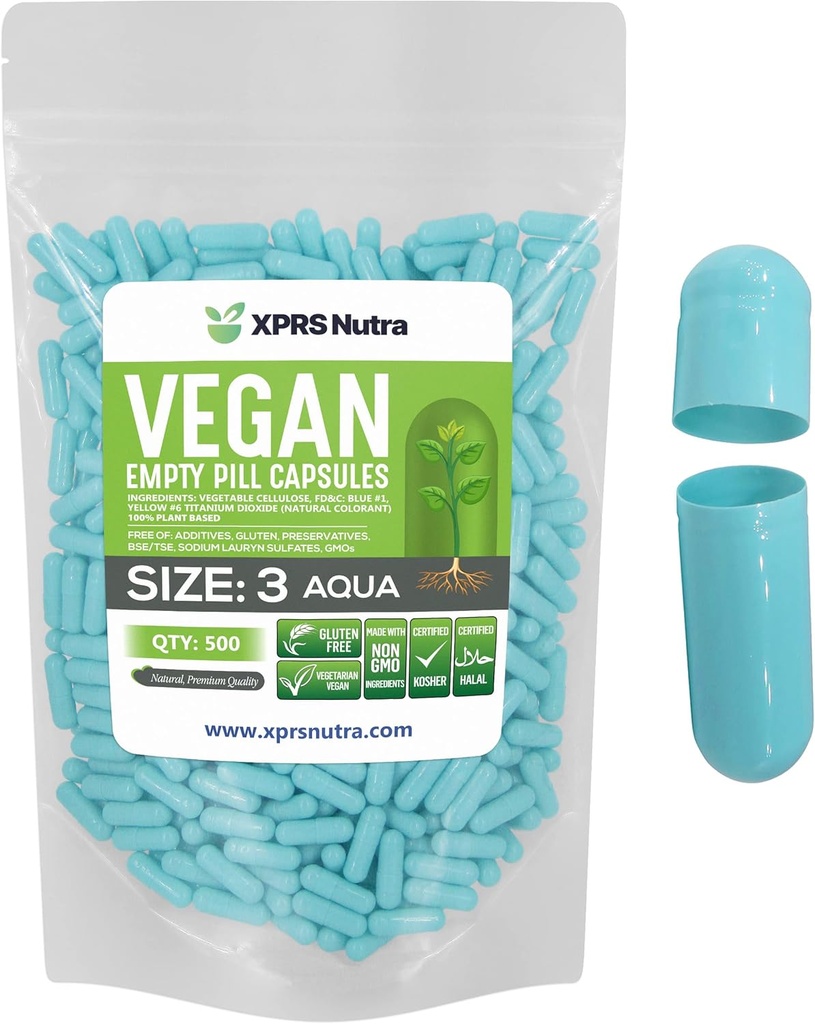 XPRS Nutra 大小 3 空盖- 500 空盖- Vegan 药丸 植物药丸 DIY 植物药丸 填充- Veggie 药丸 (Aqua)