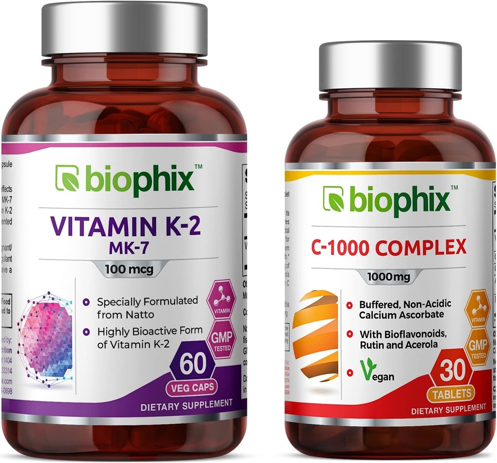 活体维生素K2 MK-7-100 mcg 60 - 免费维生素C-1000 30 片 - 支持强骨免疫健康