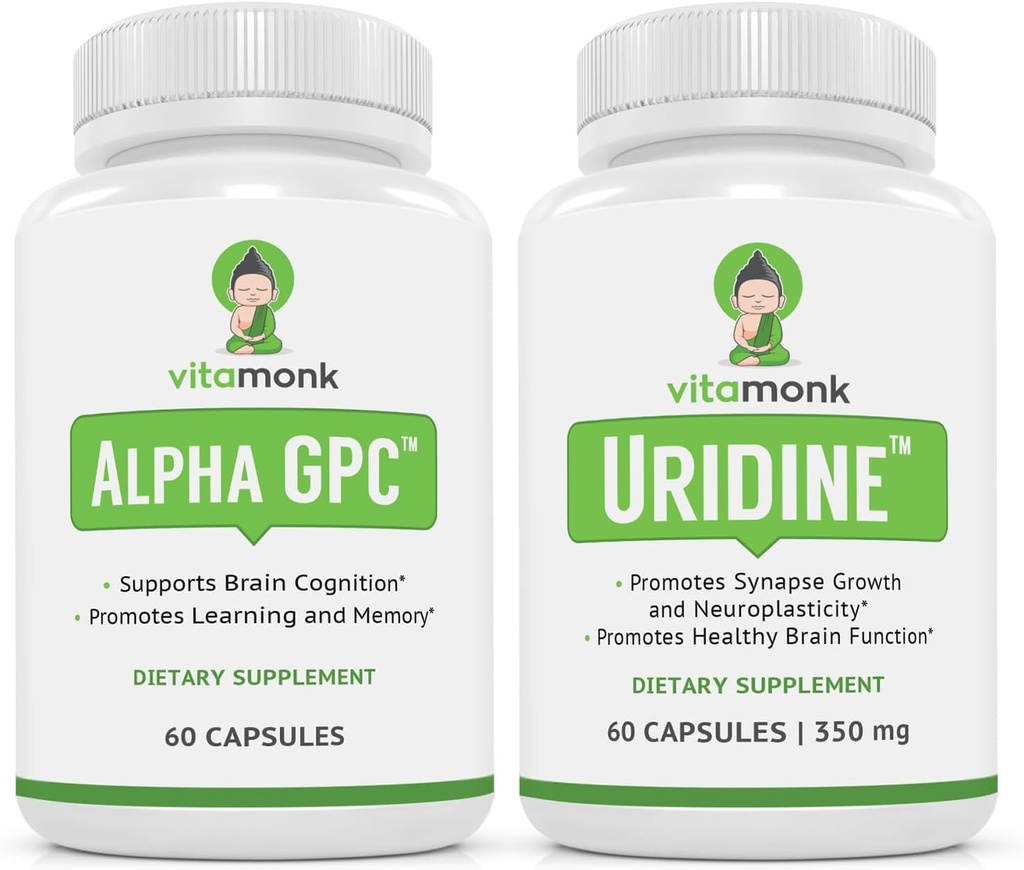 VitaMonk Alpha GPC 和 Uridine Stack - 快乐 Stack先生 - 无人工填充器的 Uridine 单磷酸酯 - 生物可用配对促进认知、焦点、精神清晰