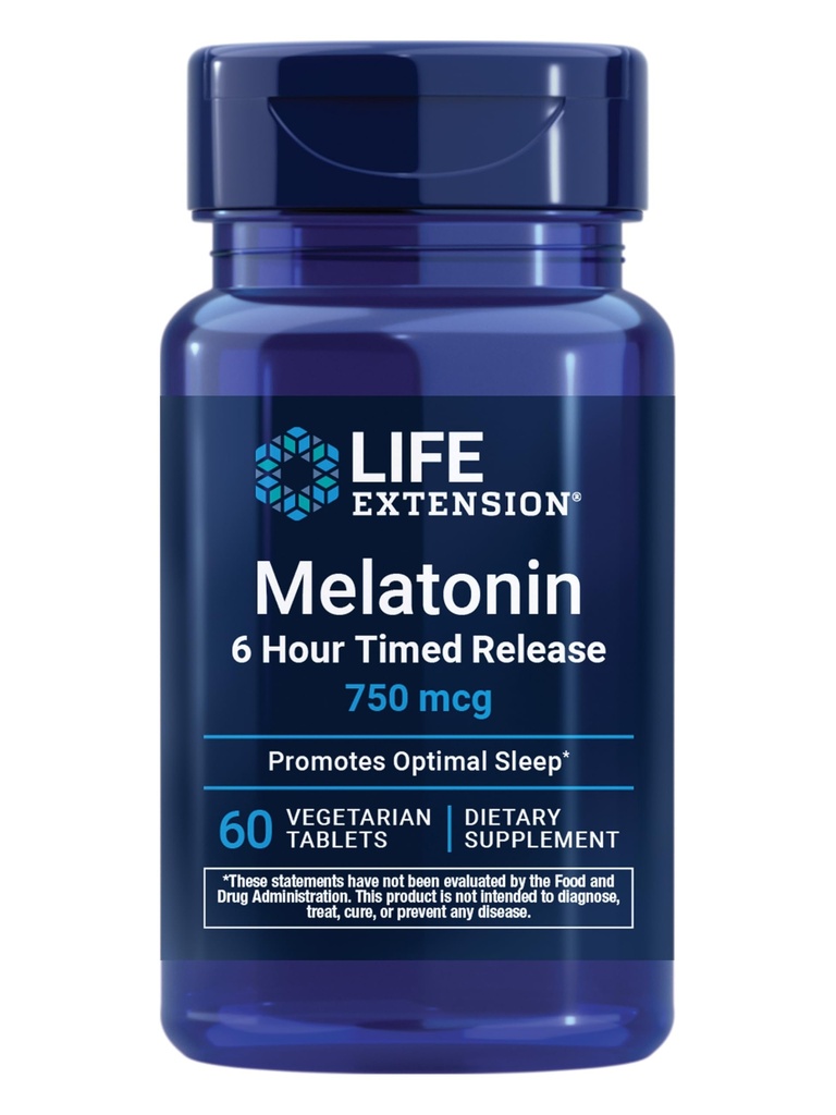 生命延伸 Melatonin 6小时时间释放,750 mcg, Gentle睡眠支持扩展-释放公式, 健康循环韵律, 细胞防御, Gluten-Free, 非GMO, 蔬菜, 60 片