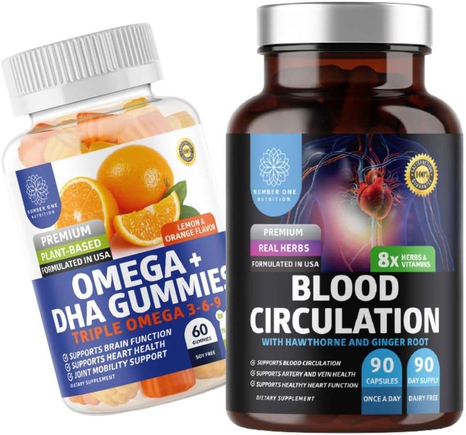 营养第一 N1N Premium血液循环补充剂,配有[8种强力草药和维生素]和Omega 3 6 9 + DHA Gummys, 2 Pack Bundle