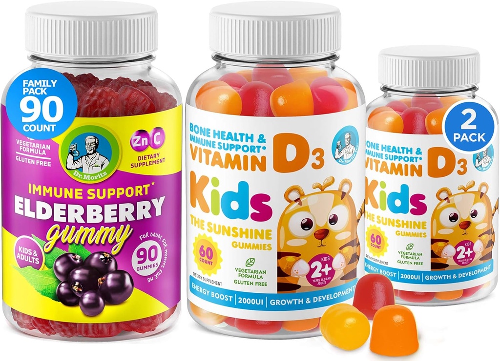 Vitamin D Gummies and Elderberry Gummies - Immunity Mega Boost for Kids and Adults - Vegetarian Gelatin-Free Immune Support Vitamins for Children
