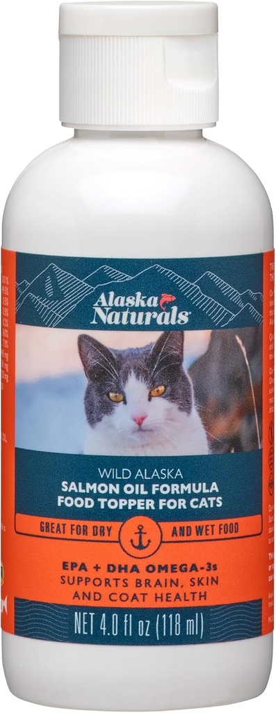 阿拉斯加自然(Alaska Naturals – 野生阿拉斯加沙门石油配方猫食品Topper – EPA和DHA Omega-3 – 猫健康皮肤,闪光大衣 – 美国制造 – 4 oz瓶