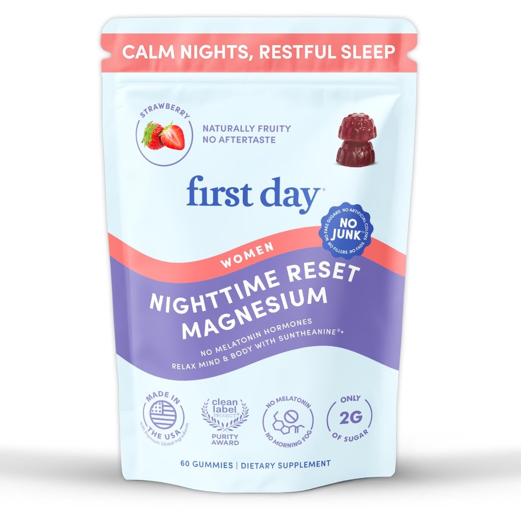 第一天 女性的夜晚 重置 降温 磁胶 – 睡眠援助支持 和平休息,平衡 混合与能源 – 配有 甘化镁 Citrate, L-Theanine & No Melatonin – 30日供应