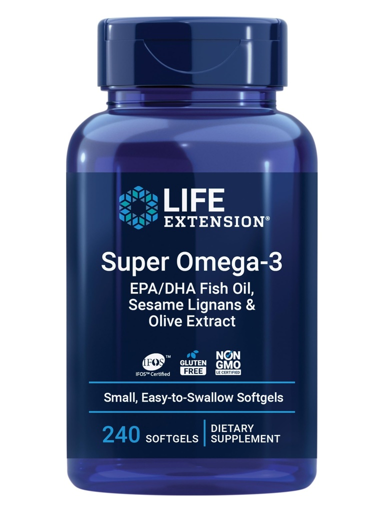 生命延伸 Super Omega-3 EPA/DHA 鱼油,芝麻 利格南和橄榄提取 – 心脏健康,脑健康,炎症健康支持,无胶质,容易吞,非GMO,240软胶