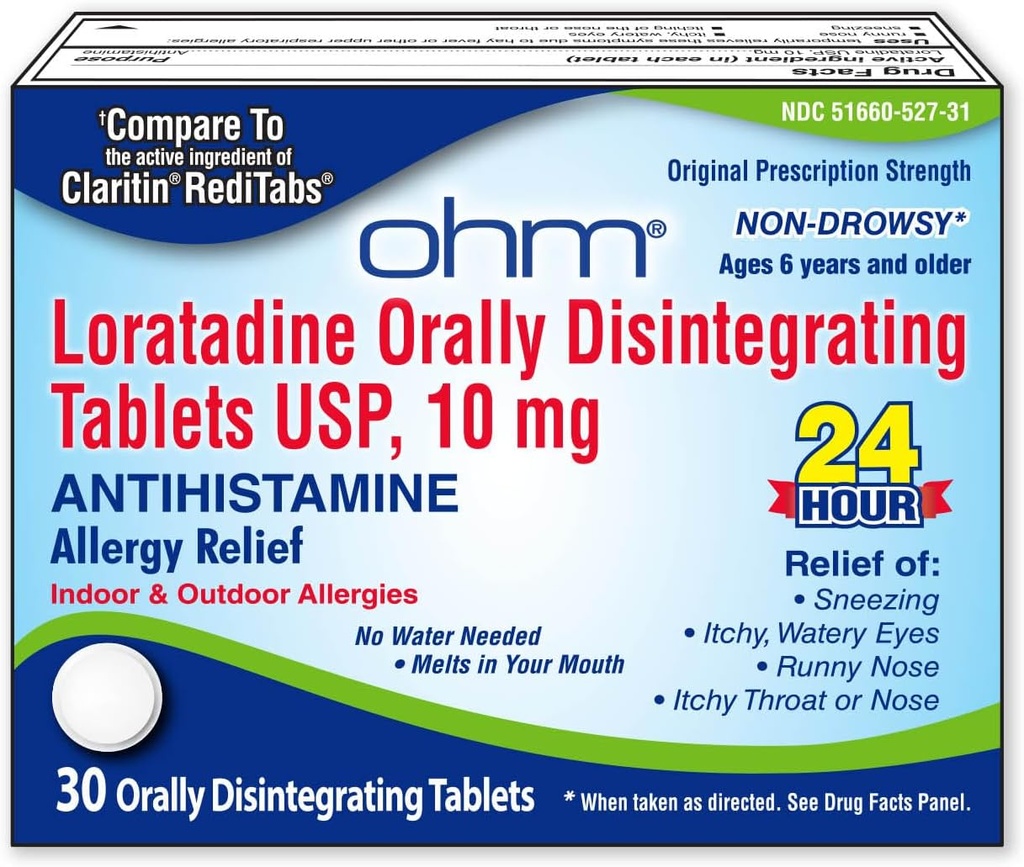 Ohm Loratadine 10 mg过敏药 - 非昏睡全天过敏药,24小时抗希斯坦胺药,奥拉分解药片,有效疗效,6岁及30岁以上
