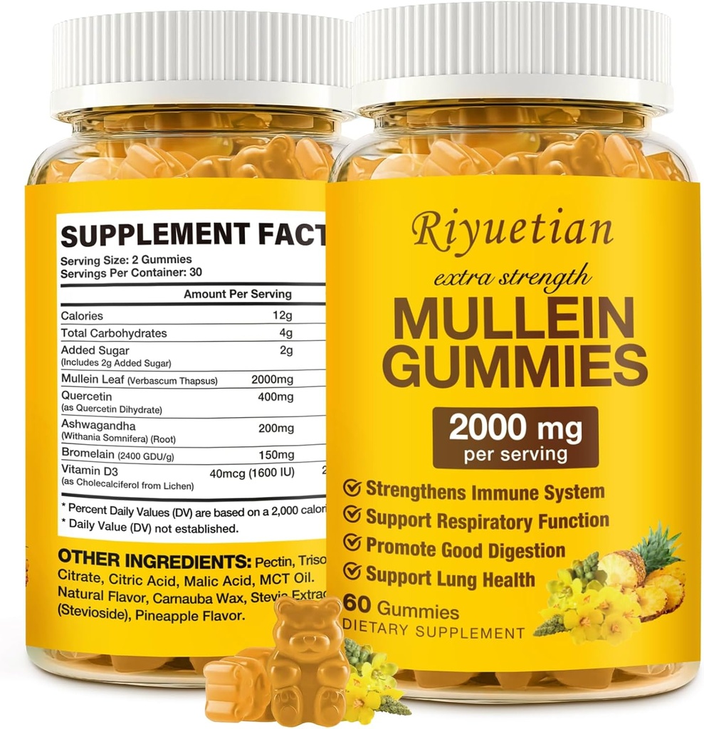 Mullein Gummys,2000mg 清肺的有机Mullein叶片提取,Boost呼吸器和消化器,成人和孩子的Imune助推器,过敏友好,非GMO,60 Gummys