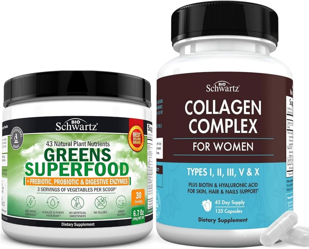 配有抗生素的超级绿皮粉 预生素和消化酶(30 services) 加水解Collagen Peptide Capsules(45天供应)