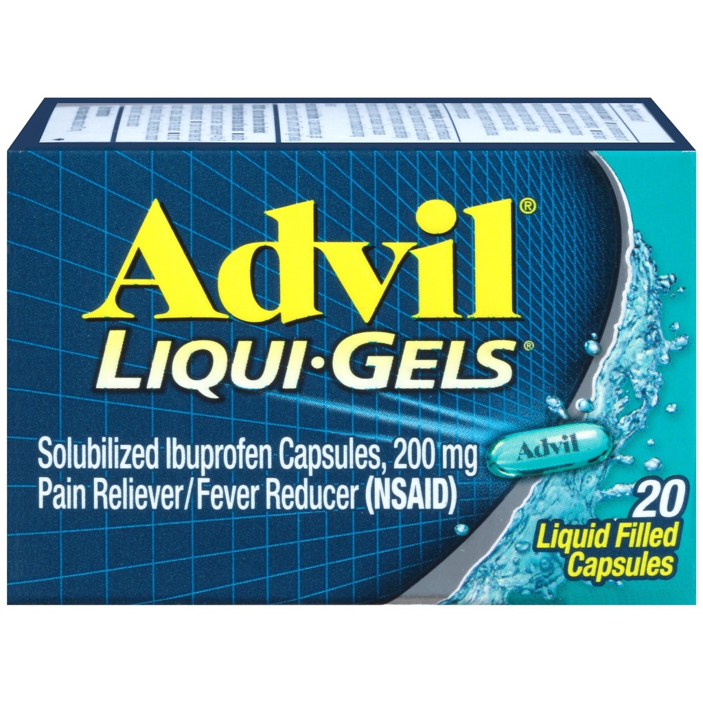 Advil Liqui-Gels 疼痛解脱器和减少发烧器,为患有头痛、背痛、月经疼痛和联合疼痛解脱的成年人提供200毫克的疼痛药物 -- -- 20个液体填充盖盖