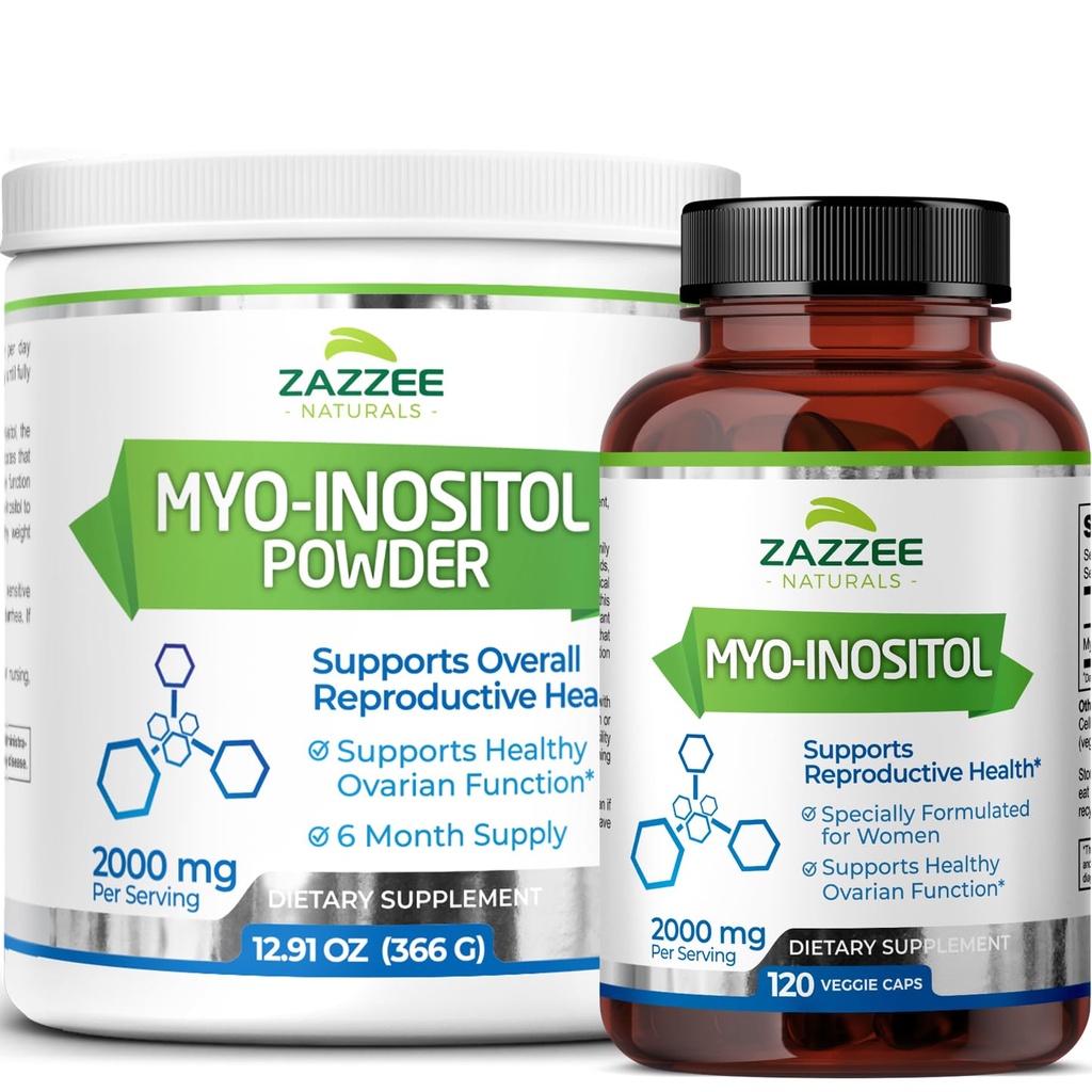 Zazzee Myo-Inositol Capsules 和 Myo-Inositol 粉末,100%纯度、纯度、纯度、Vegan、非GMO和全部天然