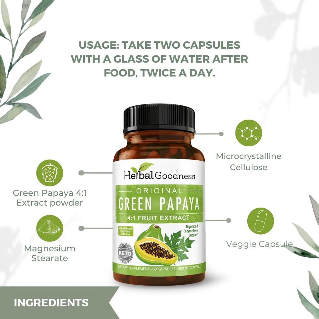 Green Papaya Capsules 4X 强力,有机帕帕亚叶和果实提取板,消化性健康,酶,亲生素,抗氧化剂-600mg,60 Capsules,案例12-草药良性