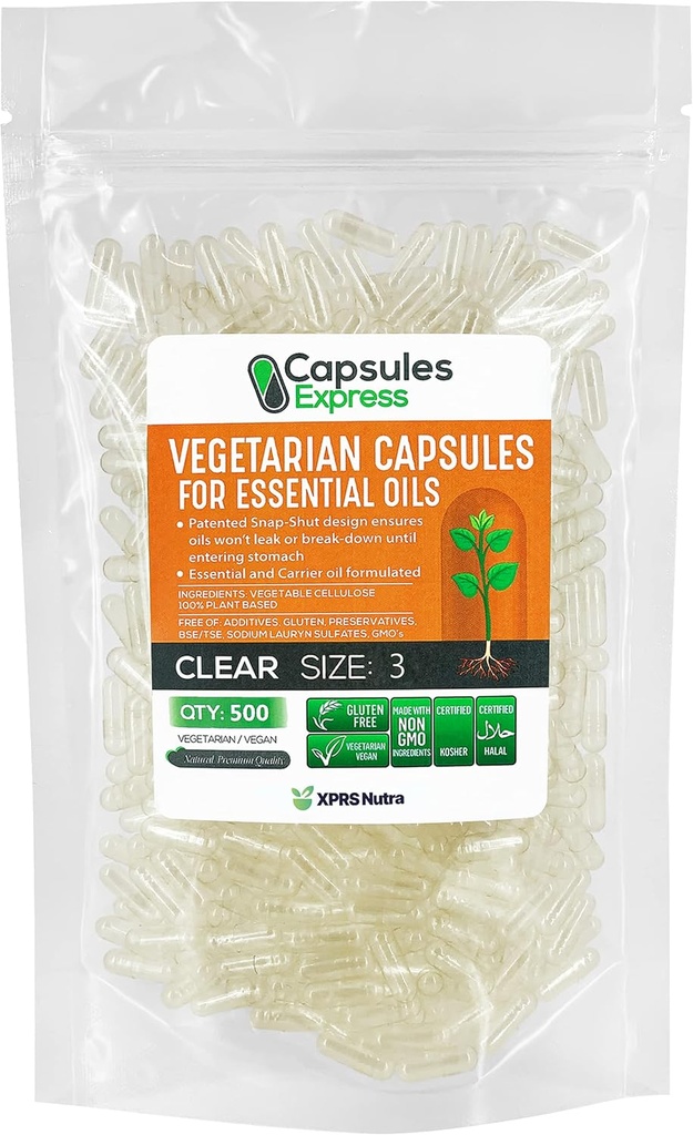 XPRS Nutra 大小 3 空 Vegan Capsules - 500 counter Veggie Capsules for Most 必需油 - 空蔬菜药丸 - DIY 石油填充