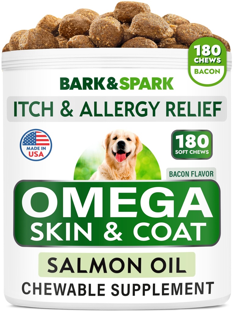Omega 3 for Dogs and Cats - 180 Fish Oil treats for Dog Shedding, Skin Altergy, Ich Relief, Hot Spots 治疗 - 联合健康 - 皮肤和煤炭补充 - EPA & DHA 脂肪酸 - 沙门油 - 培根