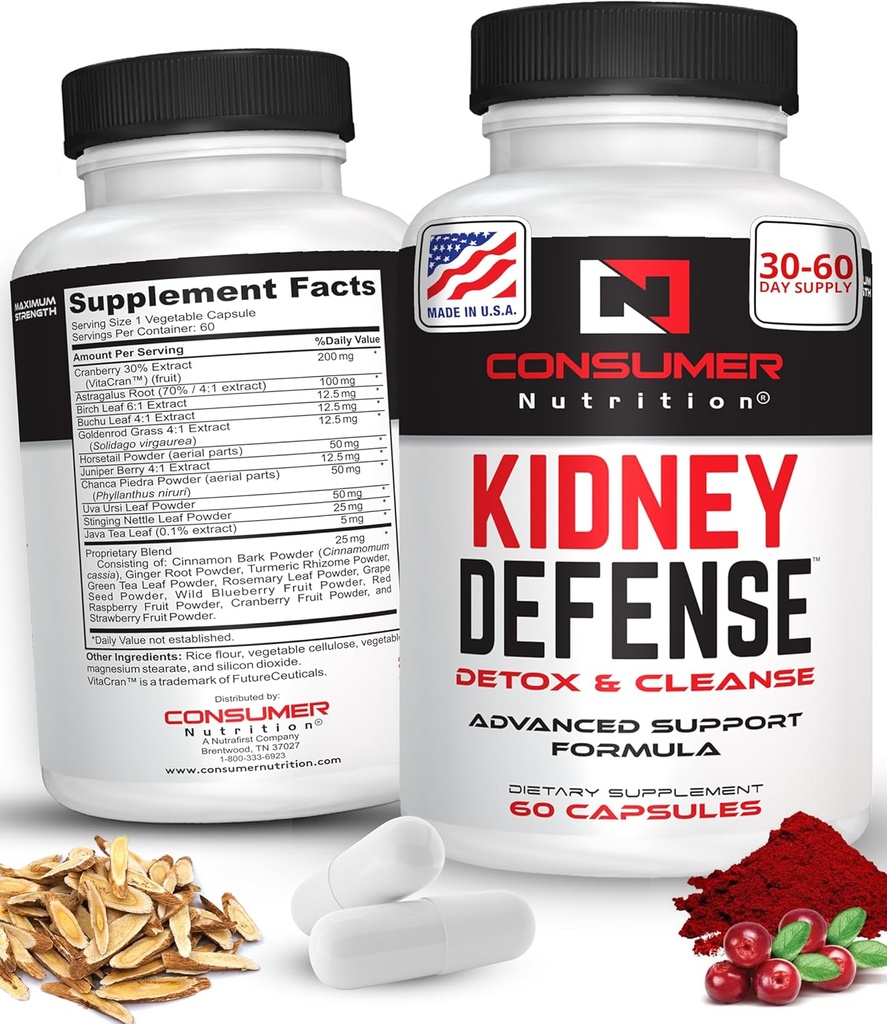 肾上腺素解毒剂和清洁剂 Cranberry 提取剂 Astragalus Root, & More for Urinary Tract, Kidney Defense 补充剂 - 60 Capsules
