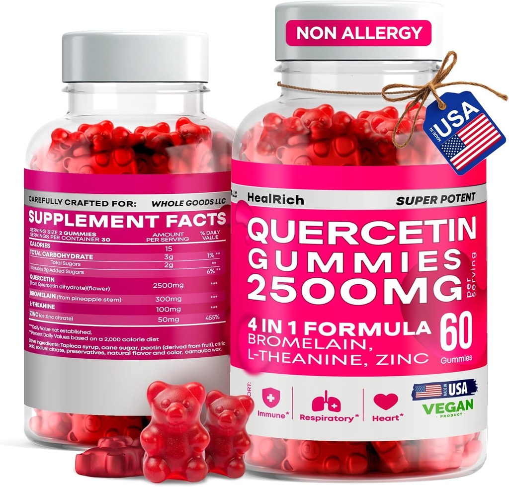 Quercetin Gummys - 2500MG Quercetin with Bromelain L-theanine & Zinc - Immune System 肺部和过敏性支持的纯补充 - 儿童与成年人豁免助推器 Vegan 补充 - 美国制造